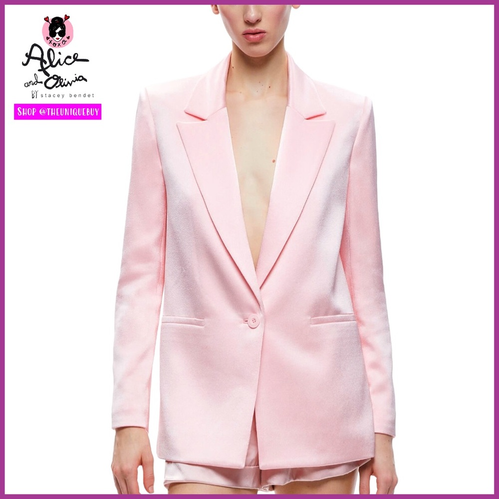 Alice + Olivia Denny Pink Notch Collar Satin Boyfriend Blazer Jacket